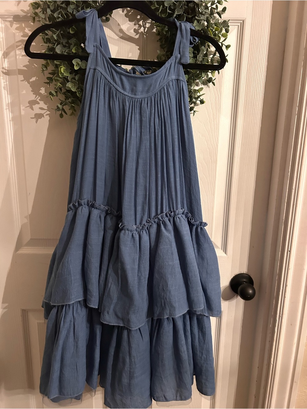 Joyfolie Dusty Blue Tiered Tie-Shoulder Dress